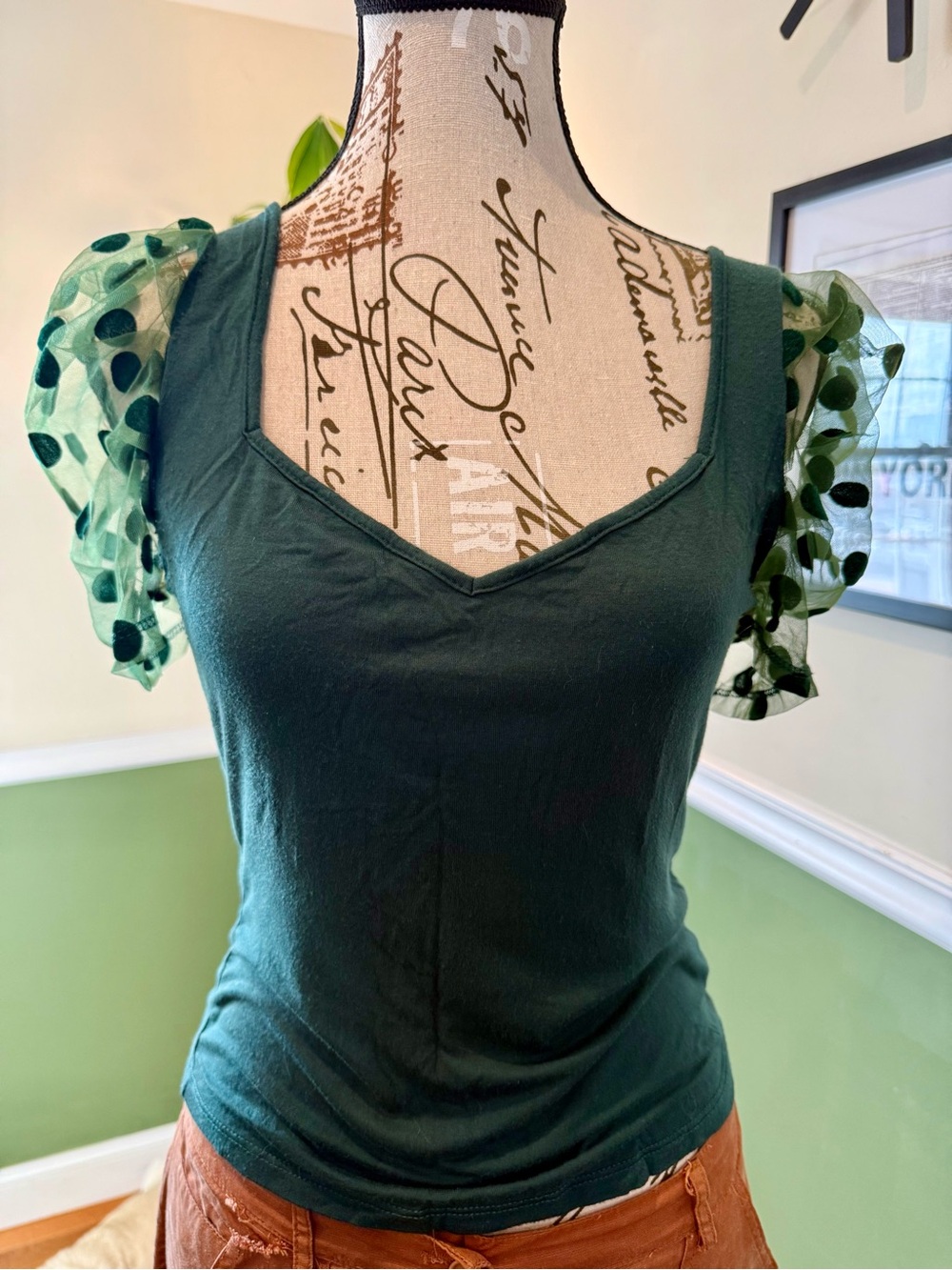 Dark Green V-Neck Tank Top with Sheer Polka-Dot Puff Sleeves